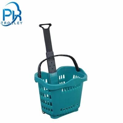 Plastic Market Basket with Two Wheels and Foldable Handle Bar