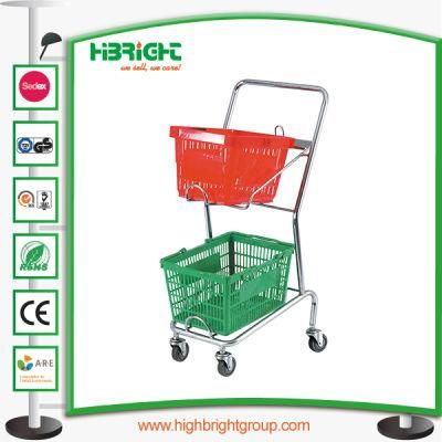 Colorful Convenient Supermarket Two Tiers Basket Shopping Cart with Wheel