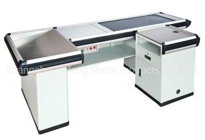 Modern Cashier Counter Design Supermarket Motor Checkout Counter with Conveyor Belt
