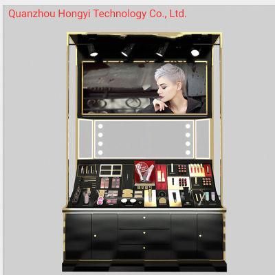 Cosmetic Display Stands Shopping Mall Makeup Stand Rack Design LED Light Wooden Cosmetic Eyelash Stands Rack Display Shelving