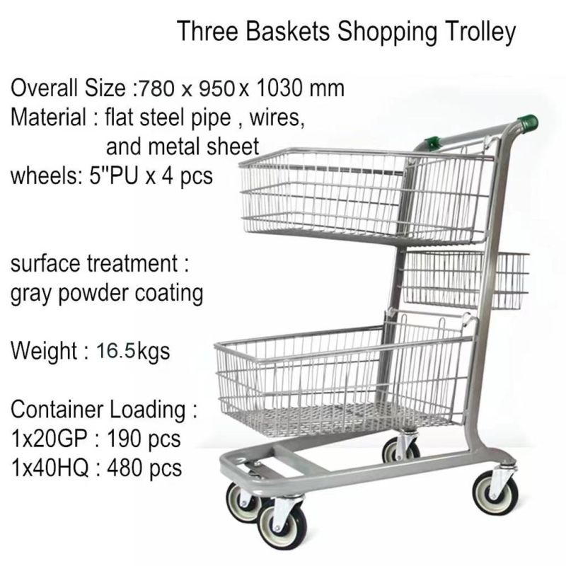 Supermarket Three Basket 2-Tier Shopping Cart Trolley