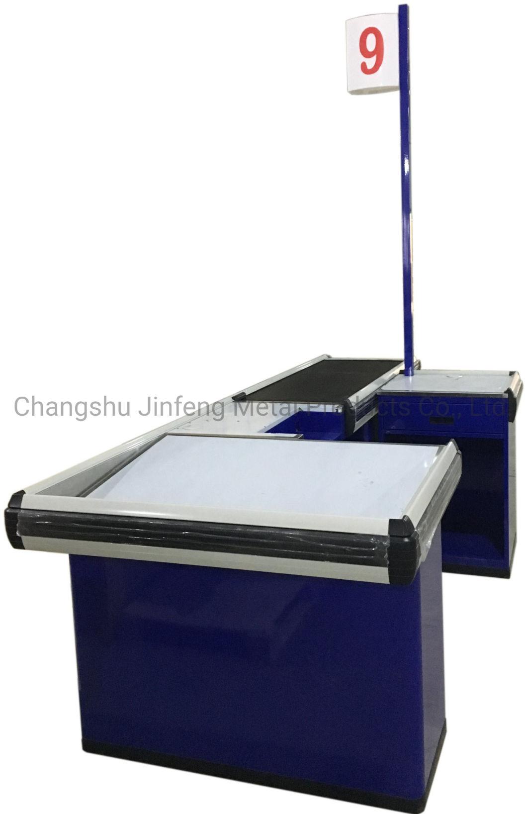 Supermarket Electric Bill Counter Metal Checkout Counter with Conveyor Belt