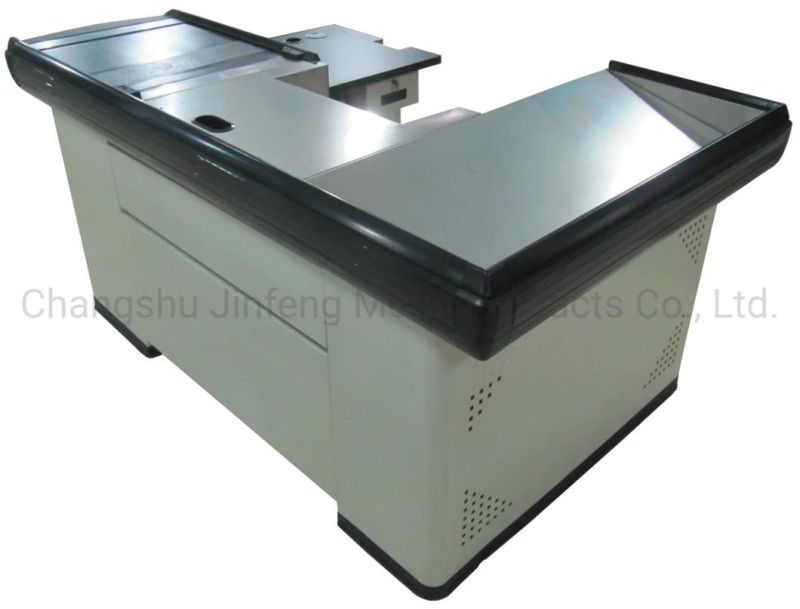 Supermarket Checkout Counter Convenience Store Metal Cashier Desk with Conveyor Belt Jf-Cc-091