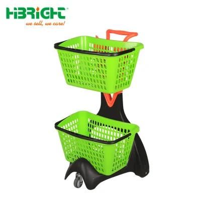 2 Layers Plastic Shopping Cart Double Basket Supermarket Trolley