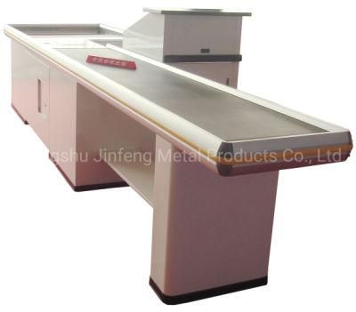 Supermarket Metal Checkout Counter Cashier Table with Conveyor Belt Jf-Cc-020