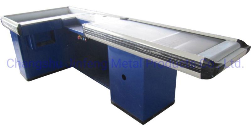 Supermarket Metal Cashier Desk Electric Checkout Counter with Conveyor Belt Jf-Cc-103