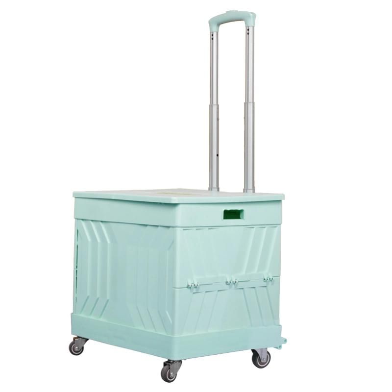 China Factory Fashion Design Plastic Folding Box Supermarket Trolley on Wheels