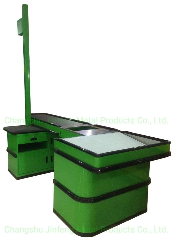 Supermarket Electrical Cashier Desk Checkout Counter with Conveyor Belt and Light Box