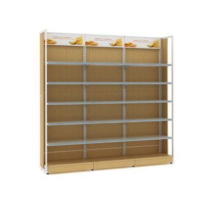 Fashion Design Wood Grain Supermarket Shelf Metal Display Racks Shop Gondola