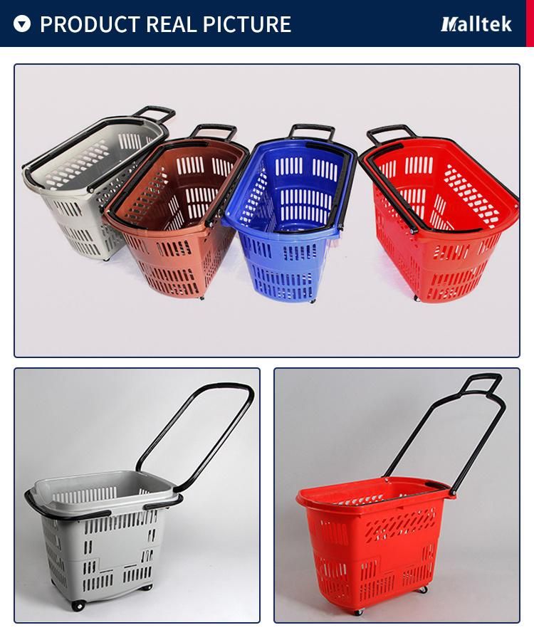 Supermarket Plastic Trolley Shopping Basket with Wheels