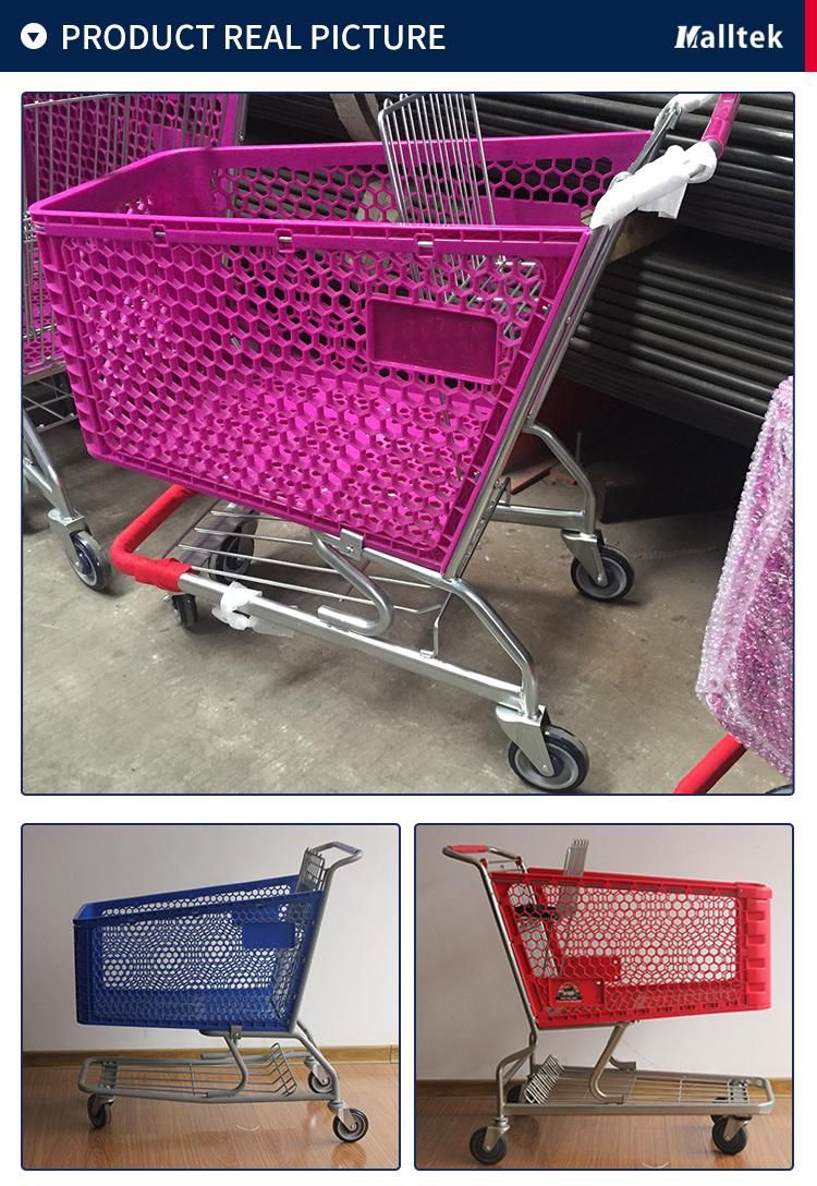 Customized Colorful Supermarket Plastic Shopping Trolley Cart with 4 Wheels