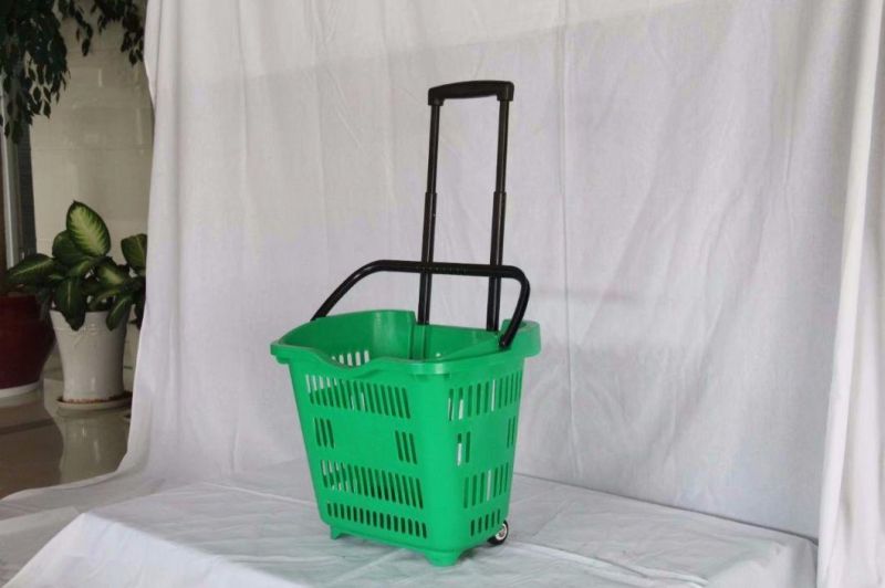Supermarket Plastic Folding Shopping Rolling Basket with Wheels