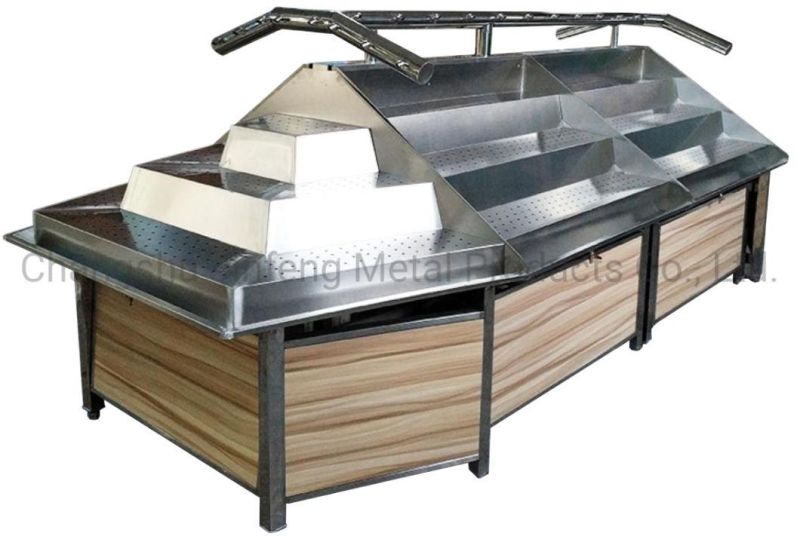 Supermarket Steel-Wood Bulk Commodity Rack Display Shelf with Spray System