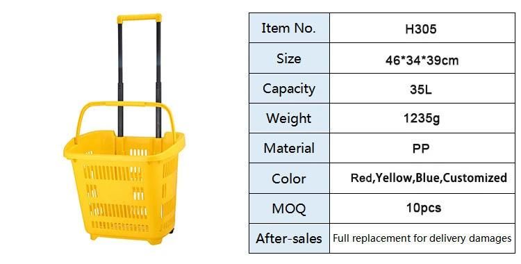 Supermarket Plastic Rolling Shopping Basket with 2 Wheels