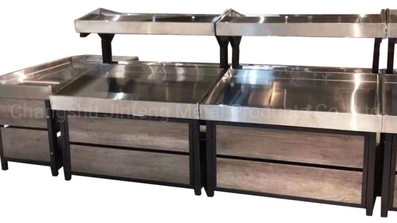 Supermarket Equipment Stainless Steel Fruit and Vegetable Display Stand with Wood