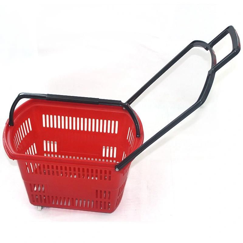 Plastic Supermarket Rolling Shopping Basket with Four Wheels Zc-9