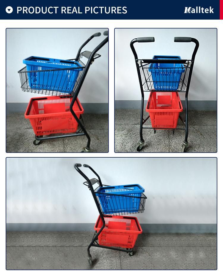 Double Layer 2 Layers Basket Hand Trolley Cart Shopping Trolley for Supermarket