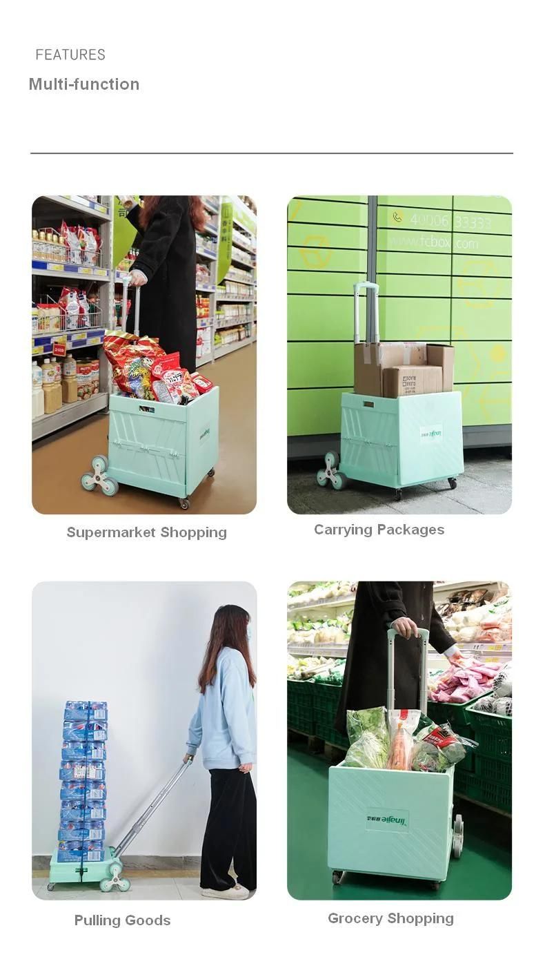 China New Arrival Plastic Folding Shopping Pull Cart Trolley Basket with Stair Climbing Wheels