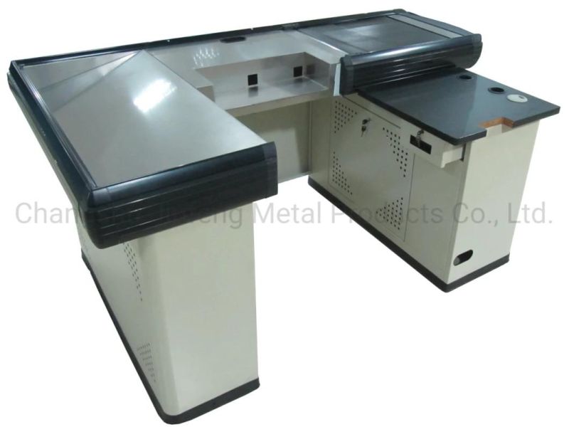 Supermarket Checkout Counter Convenience Store Metal Cashier Desk with Conveyor Belt Jf-Cc-091