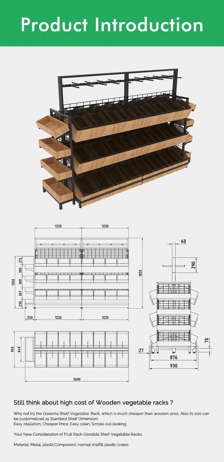 Steel and Wood Vegetable and Fruit Display Rack for Supermarket