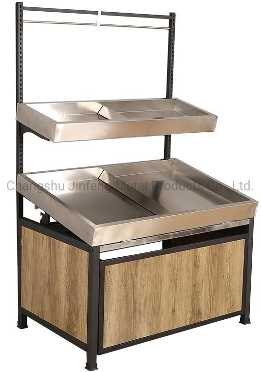 Supermarket Shelving Wooden Fruit and Vegetable Display Stand with Stainless Steel Basin