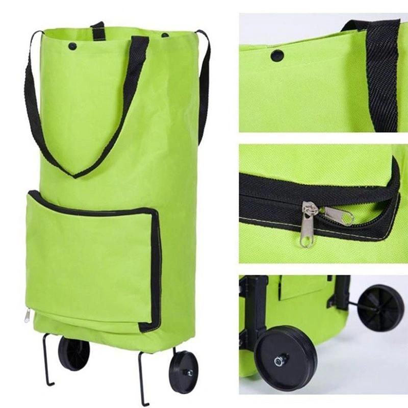 Provides Inventory Portable Oxford Foldable Shopping Trolley Bags Green Folding Grocery Trolley Bag