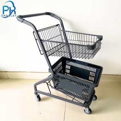 2-Tier Japanese Style Metal Shopping Trolley/Cart for Supermarket to Hold Baskets