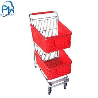 Double Layers Basket Cart Wheeled Grocery Shopping Trolley