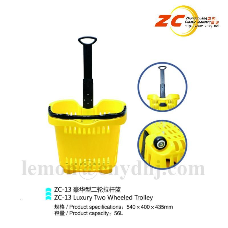 Merchandising Supermarket Shopping Plastic Rolling Basket with Wheels