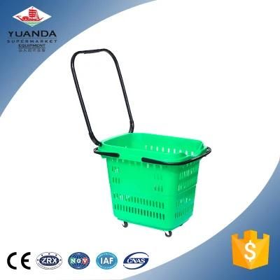 Supermarket Fruit Vegetable Shopping Plastic Basket with Wheels and Handles
