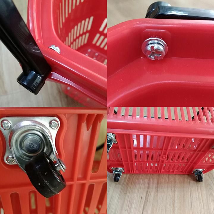 Large Capacity 55L Red Two Wheels Plastic Supermarket Rolling Shopping Basket