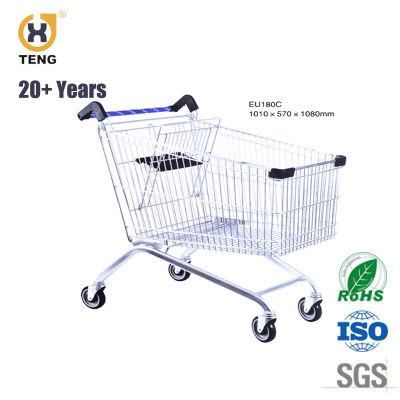 EU180c 180L Capacity Zinc Plated and Powder Coated Metal Shopping Trolley with 4PCS 5&prime;&prime; PU Casters
