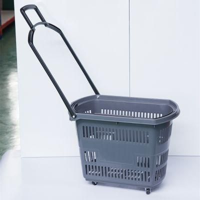 Supermarket Plastic Rolling Basket with Wheels for Shopping