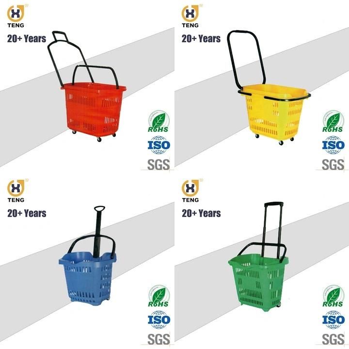 48L Wholesale Rolling Plastic Supermarket Shopping Basket