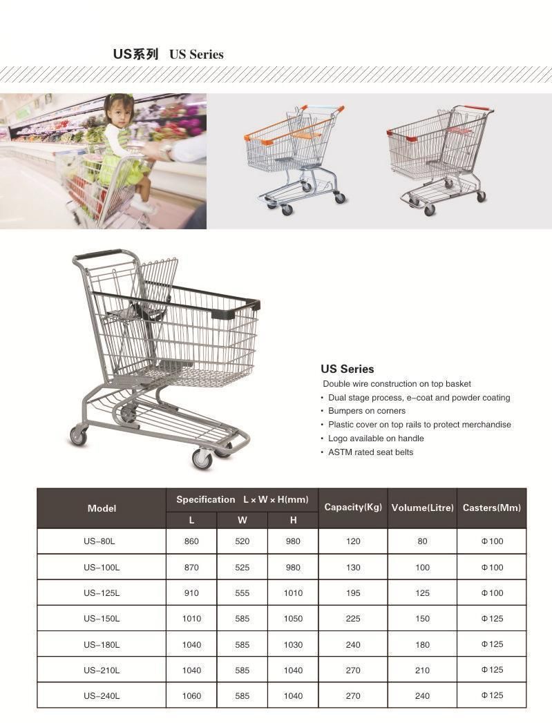 American Style Metal Supermarket Shopping Trolley for Hypmarket