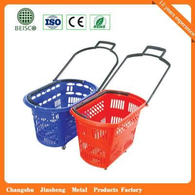 2016 Wholesale Supermarket Plastic Rolling Shopping Baskets with Wheels (JS-SBN06)