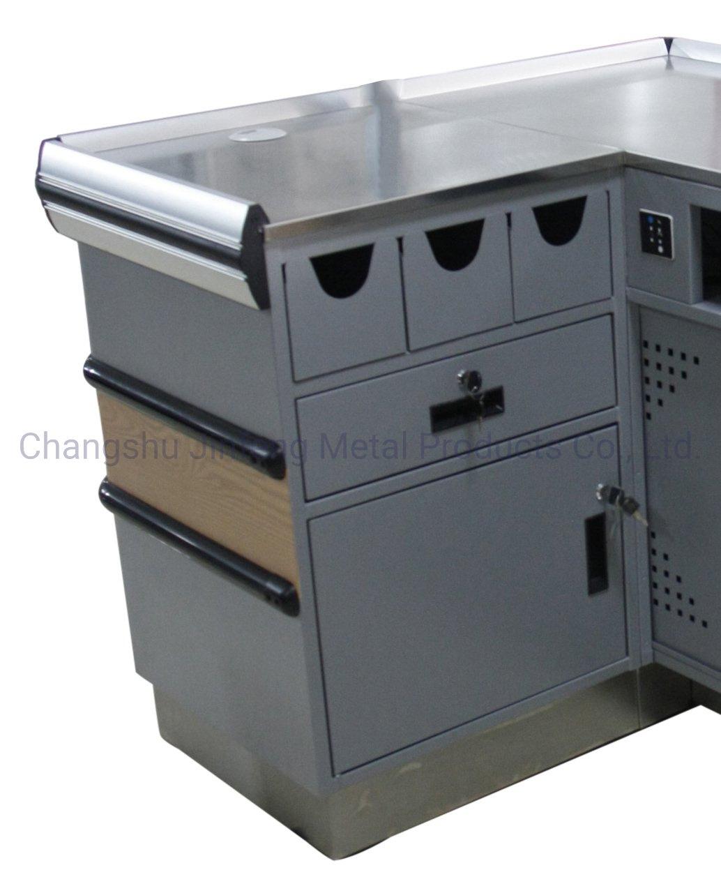 Supermarket Checkout Counter Wood Grain Transfer Printing Cashier Desk with Keyboard Holder Jf-Cc-027