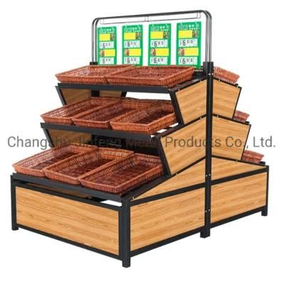 Retail Store Fruit and Vegetable Display Rack Wooden and Metal Display Shelf