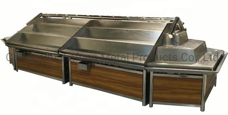 Supermarket Steel-Wood Bulk Commodity Rack Display Shelf with Spray System